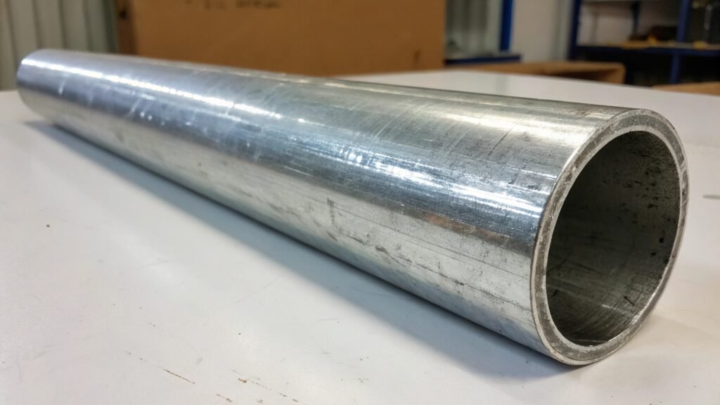 A single foot of 1.5-inch Schedule 40 aluminum pipe being weighed on a digital scale.